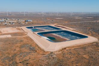 An aerial view of produced water ponds constructed by Martin Water in Lenorah, Texas. Credit: Julian Mancha for The Texas Tribune/Inside Climate News
