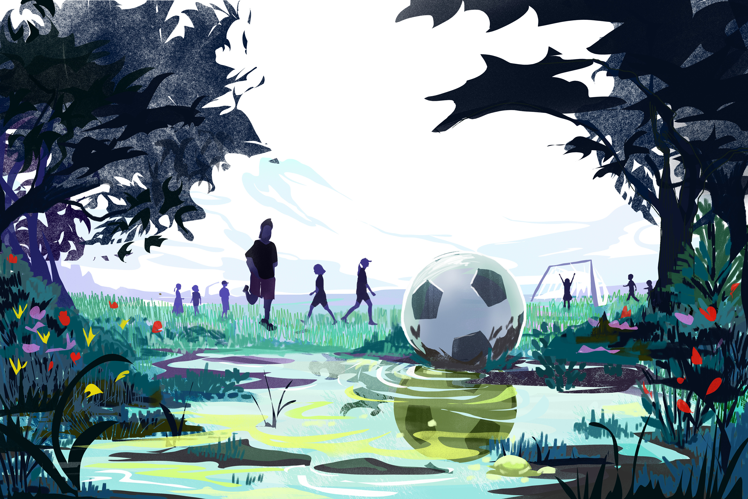 A child plays in a lush park, kicking a soccer ball near an unusual-looking puddle, suggesting possible dangers. The image conveys hope while hinting at underlying risks. Credit: Veronica Martinez/Cicero Independiente