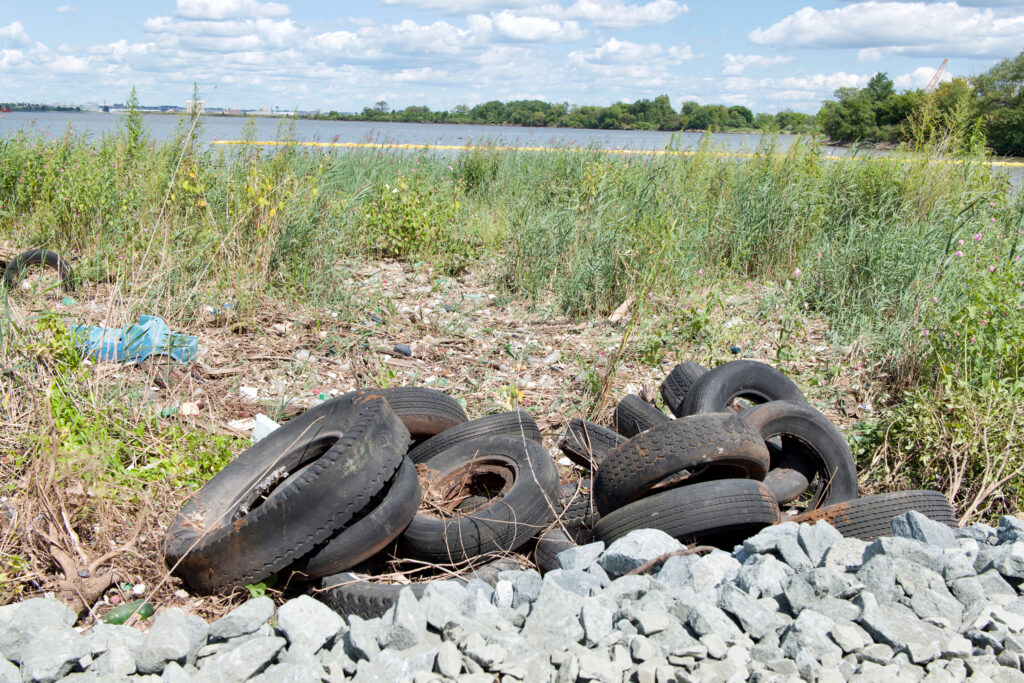 Construction crews working on Hanover Street Wetlands project cleared out trash including used tires, woody debris and invasive vegetation before filling the clearing with gravel and sand to be used for planting marshes at a later stage. Credit: Aman Azhar/Inside Climate News  