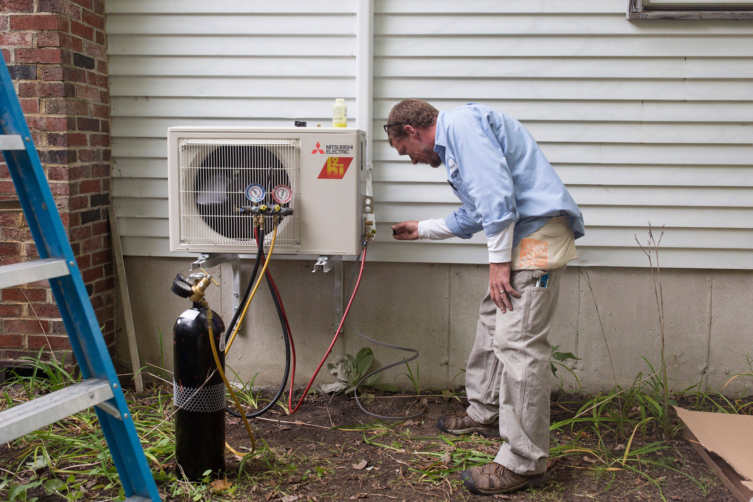 A heat pump is installed at a home in Standish, Maine. Credit: Brianna Soukup/Portland Portland Press Herald via Getty Images