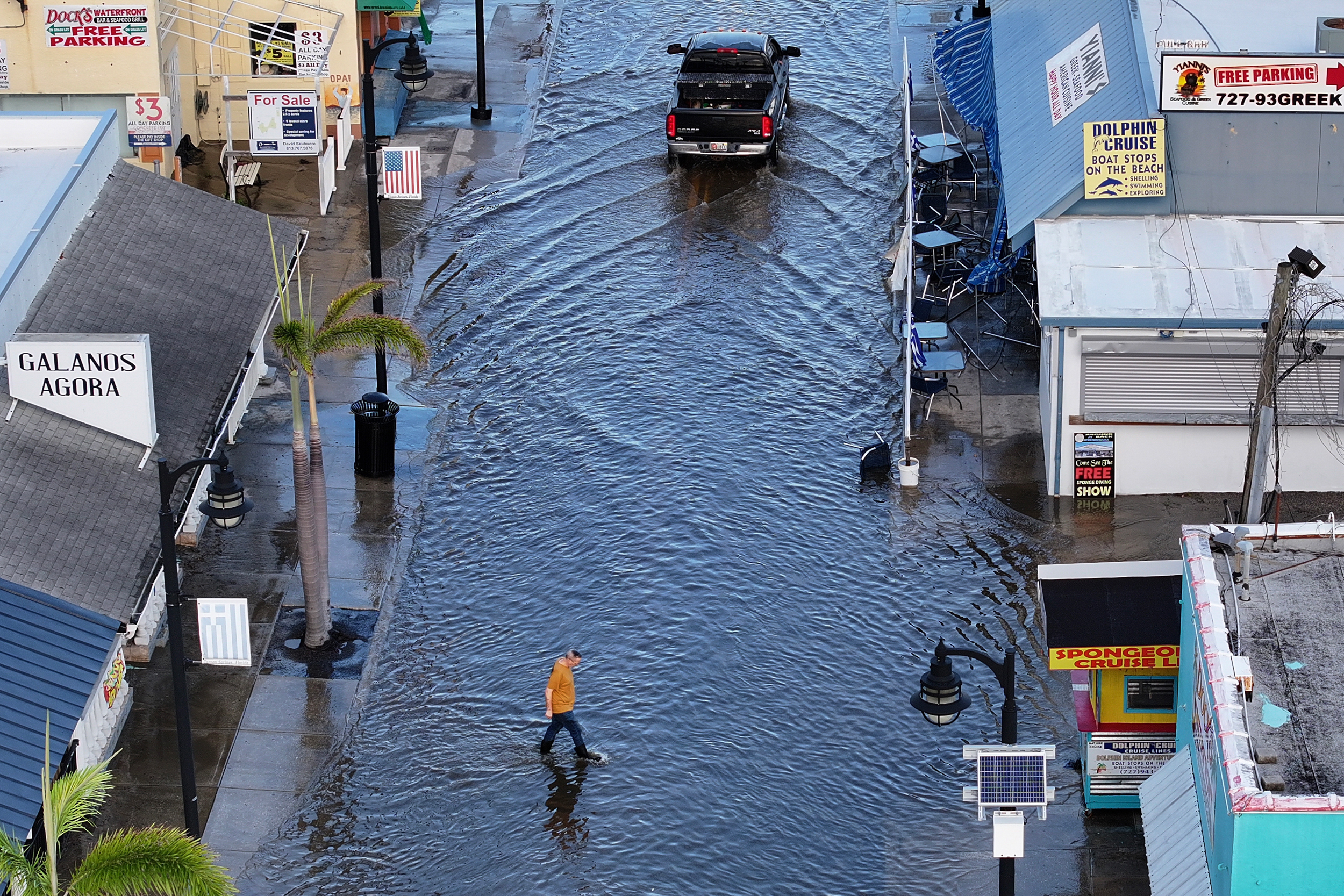 Flood waters inundate the main street in Tarpon Springs, Florida, after Hurricane Helene passed offshore on Friday. Credit: Joe Raedle/Getty Images